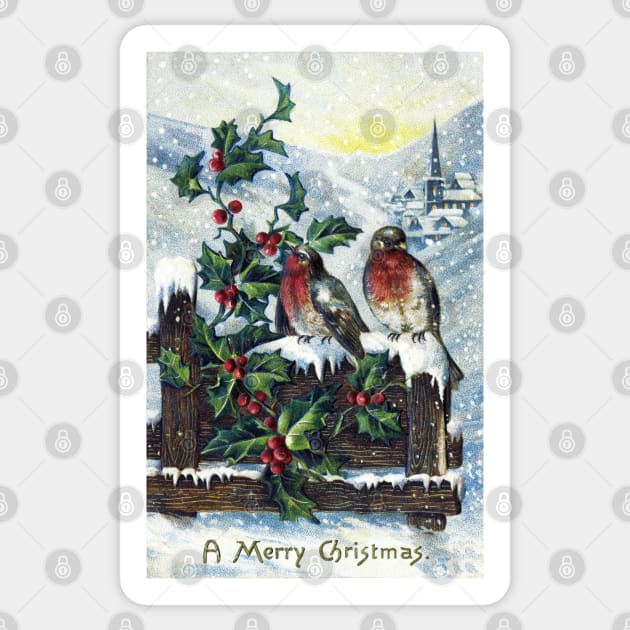 Beautifully Restored Vintage Christmas Card With Birds and Snow, Mistletoe Sticker by vintageposterco